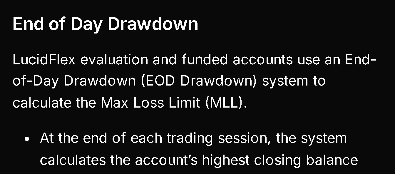 Artículo del centro de ayuda de Lucid Trading sobre el funcionamiento del drawdown EOD y el bloqueo del piso en $50,100